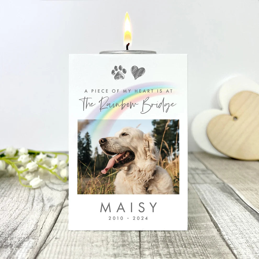 Personalised Pet Memorial Rainbow Bridge Photo White Tea Light Holder