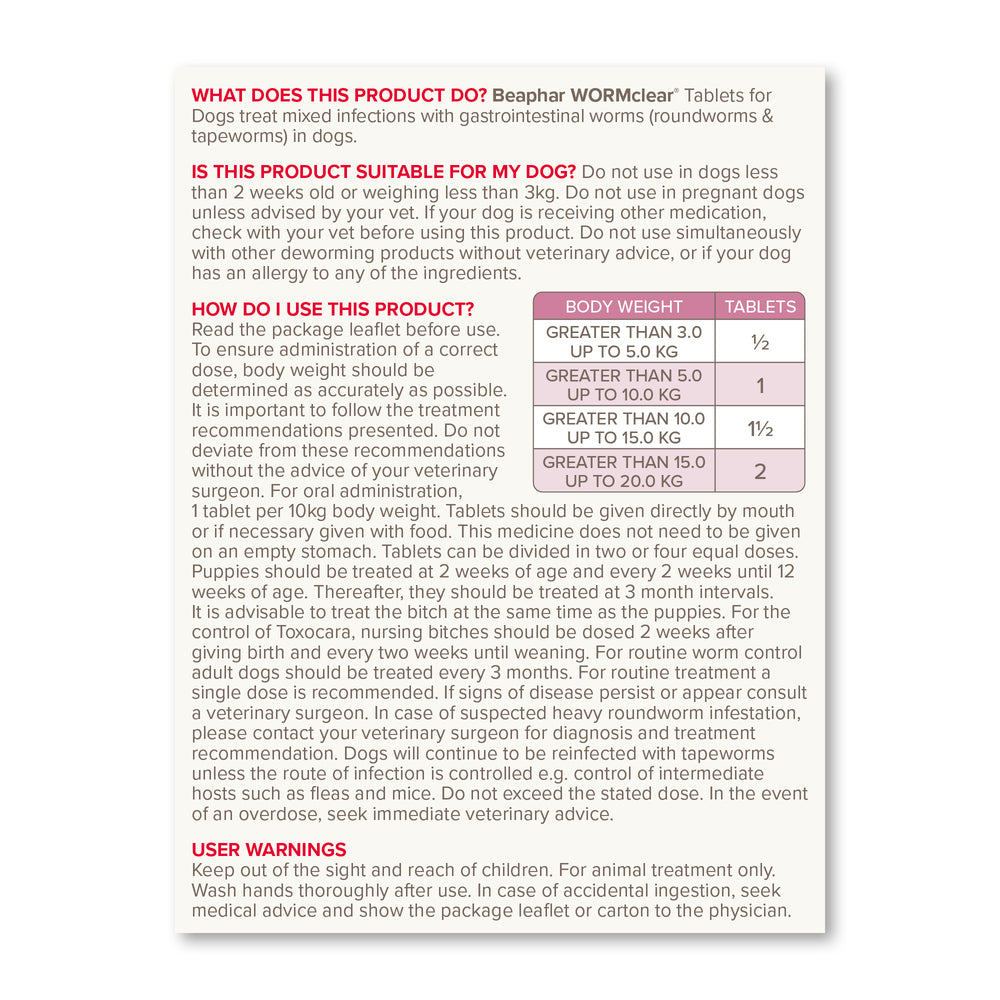 Beaphar WORMclear for Small Dogs up to 20kg Worming Tablets x 2