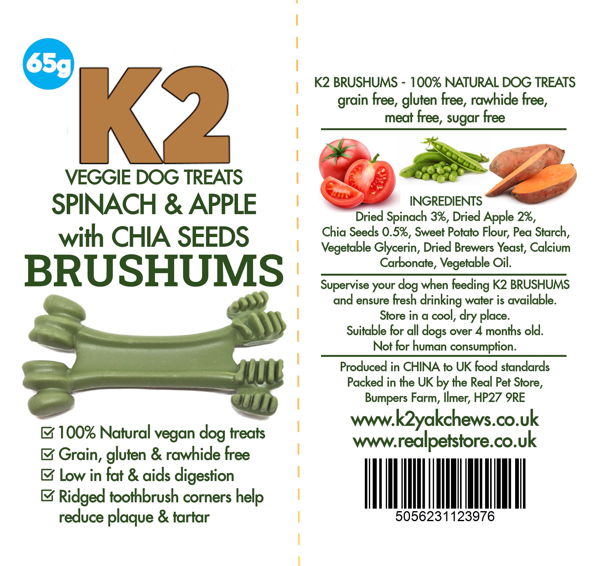 K2 Veggie Dog Treats Brushums Spinach & Apple 65g