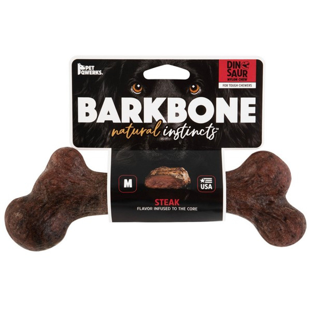 Pet Qwerks Dinosaur BarkBones Steak Nylon Tough Dog Toys 3 Sizes