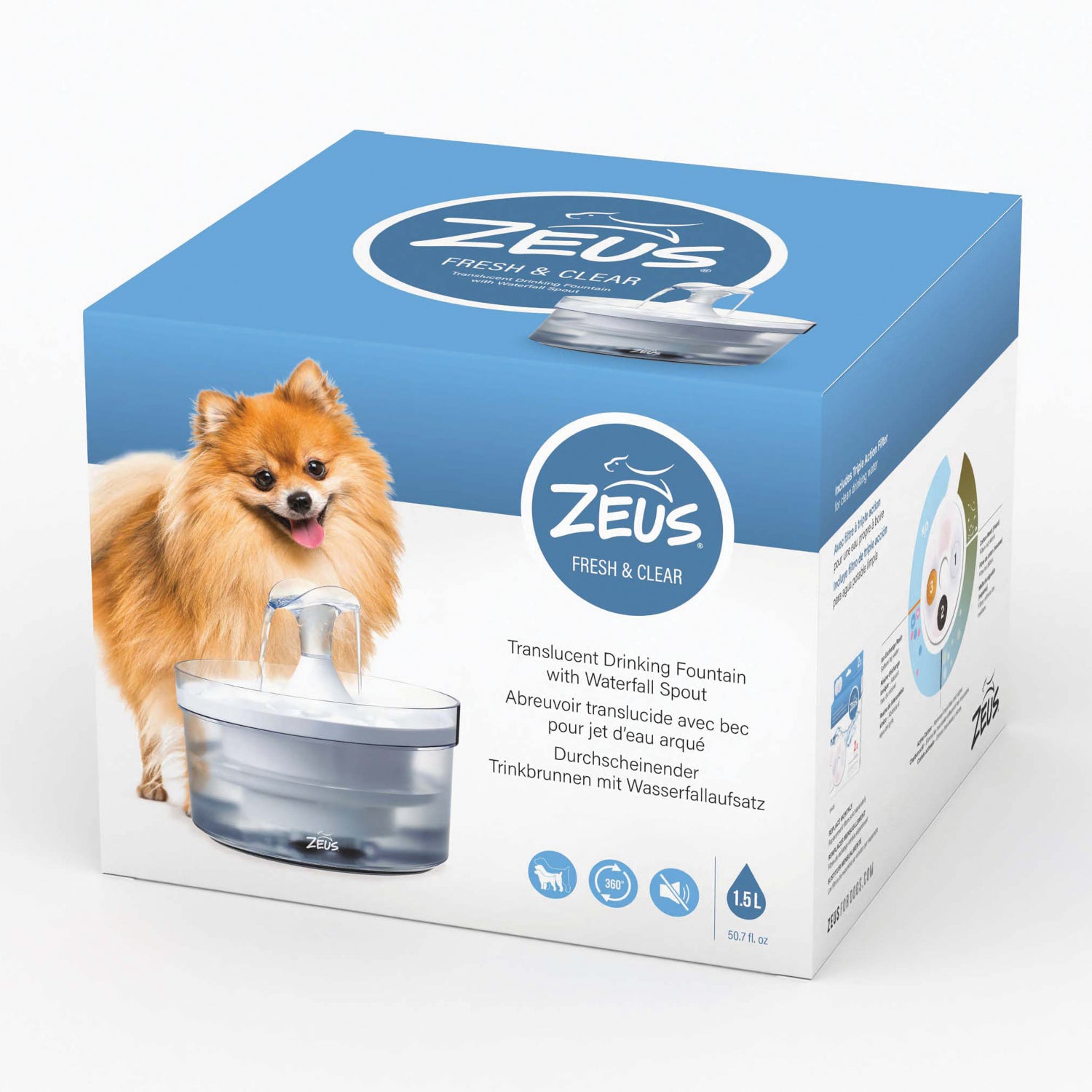 Zeus Fresh & Clear 360 Dog Drinking Fountain with Waterfall Spout 1.5L