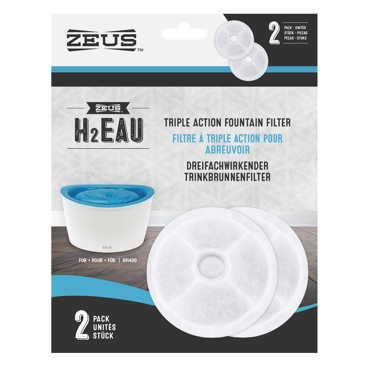 Zeus H2EAU Triple Action Fountain Filters - 2 pack