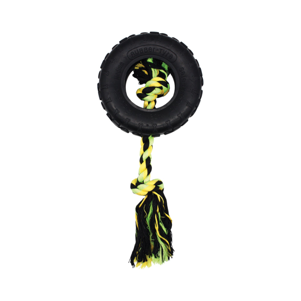 Grrrelli Rubber Tough Dog Toys Tyre Tugger w. Rope 3 Sizes