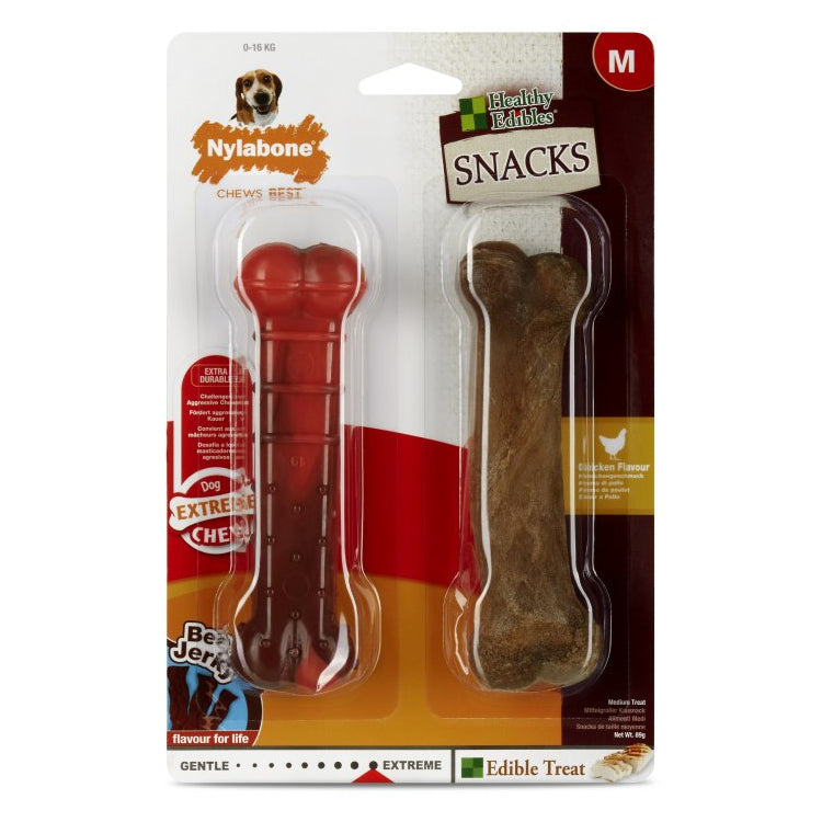 Nylabone Chicken / Beef jerky Extreme Snack Bone Medium Pack of 2