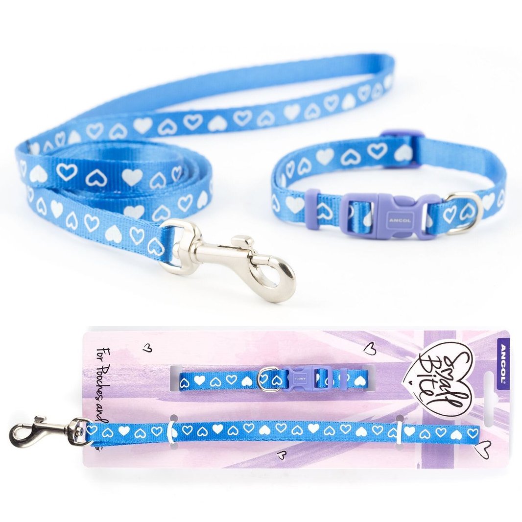 Ancol Puppy Small Bite Dog Collar & Lead Set Heart Blue