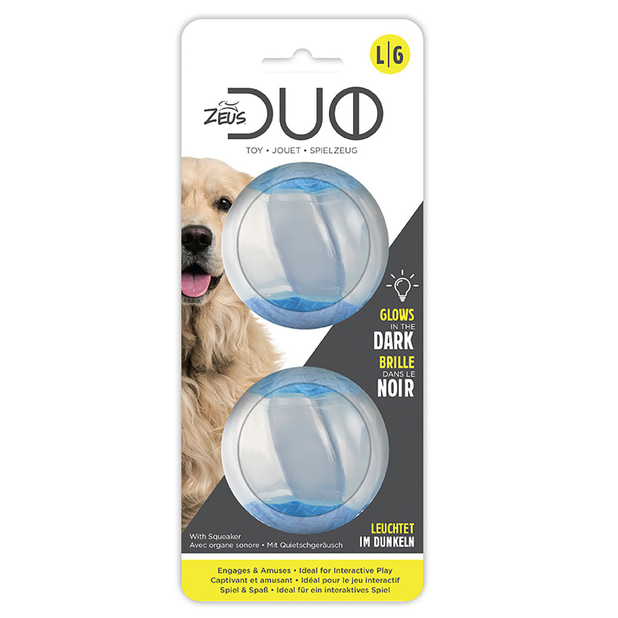 Zeus Duo Balls GLO Glow in the Dark with Squeaker 2Pk 2 Sizes