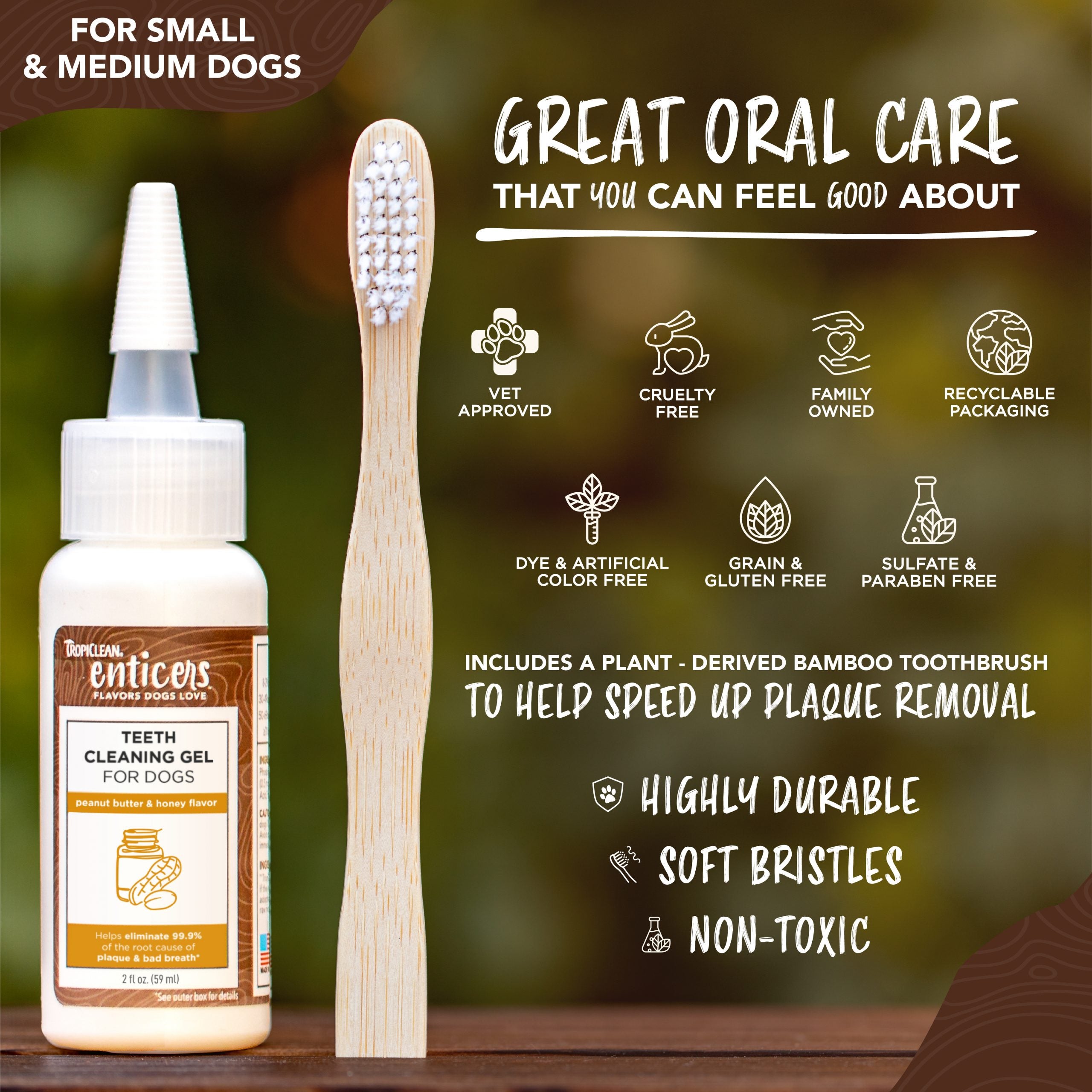 TropiClean Enticers Teeth Cleaning Gel and Toothbrush for Small/Medium Dogs Peanut Butter & Honey Gel 59ml