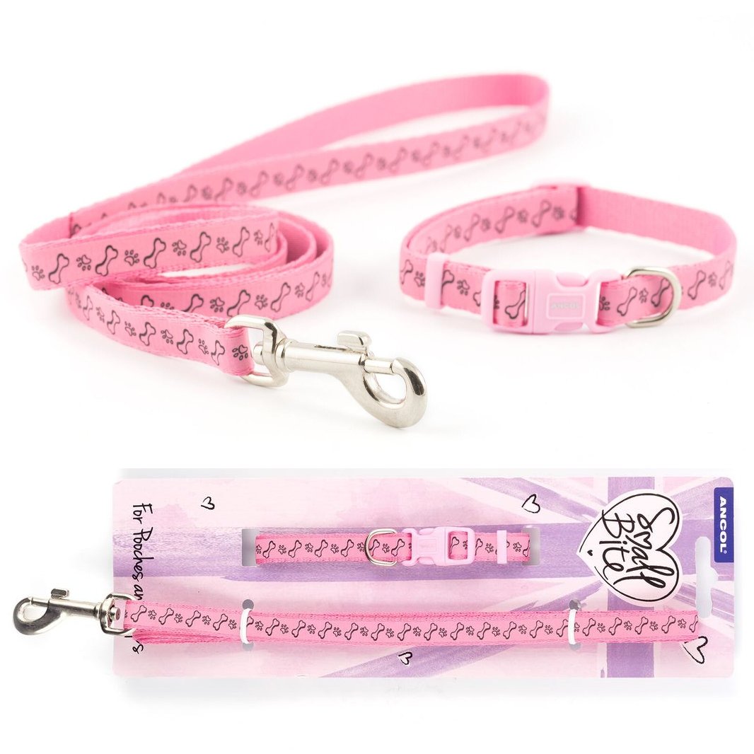 Ancol Puppy Small Bite Dog Collar & Lead Set Paw 'n' Bone Pink